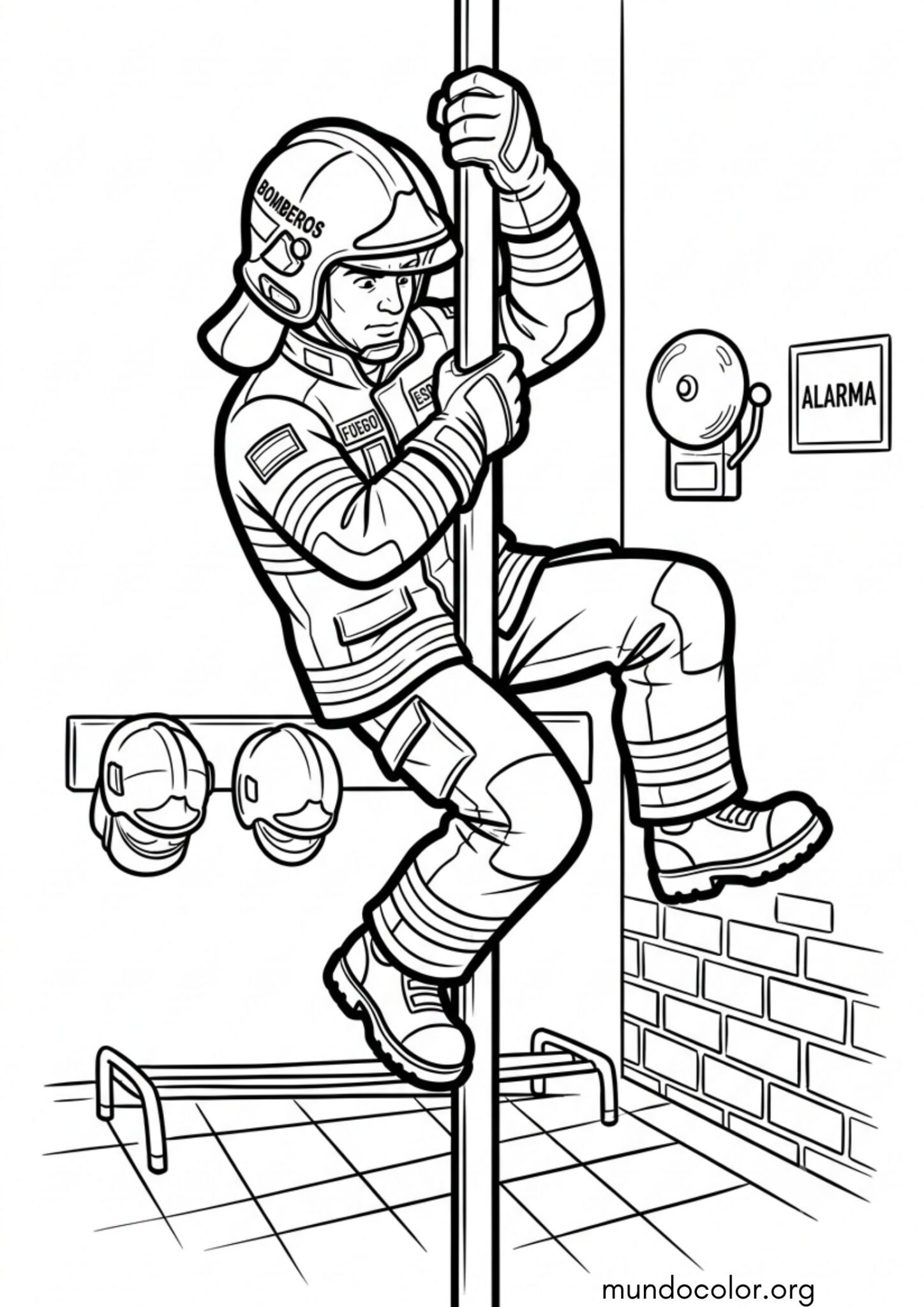 Dibujo de Bombero bajando por el tubo de la estación para imprimir Dibujo de Bombero bajando por el tubo de la estación para colorear