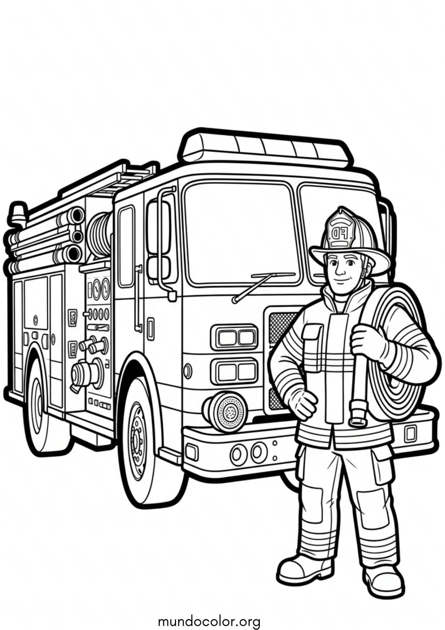 Dibujo de Bombero junto al camión de bomberos para imprimir Dibujo de Bombero junto al camión de bomberos para colorear