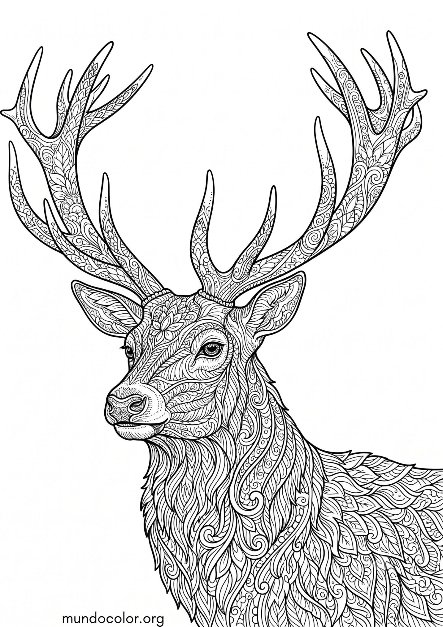 Dibujo de Cabeza de ciervo con cornamenta antiestrés para imprimir Dibujo de Cabeza de ciervo con cornamenta antiestrés para colorear