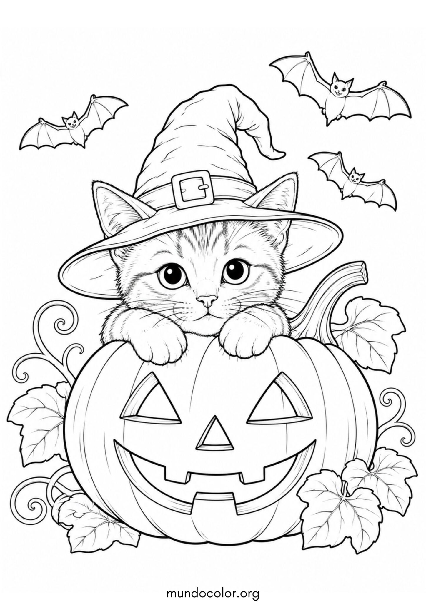 Dibujo de Calabaza y gato de Halloween para colorear