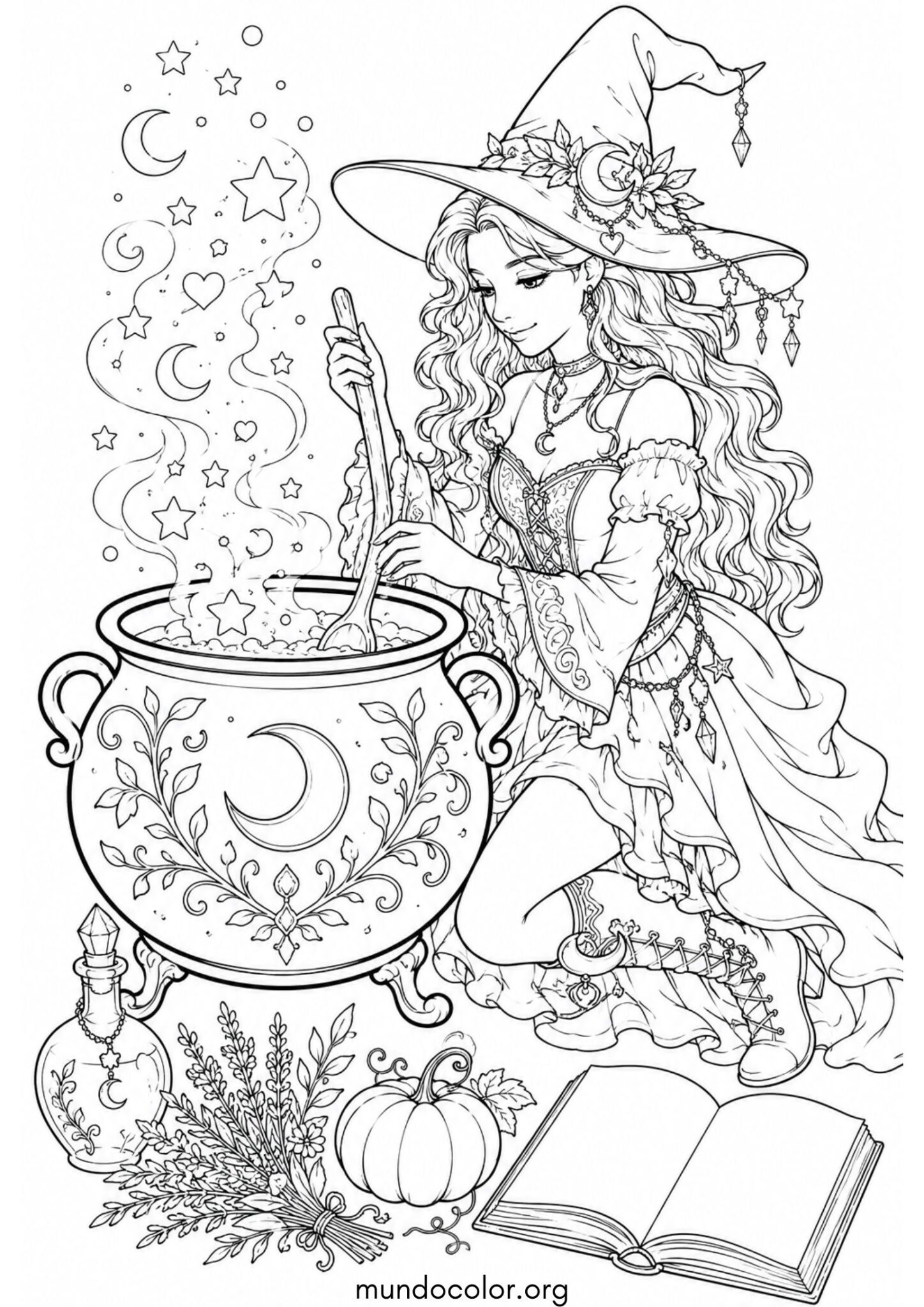 Dibujo de Caldero de bruja con poción mágica de Halloween para colorear