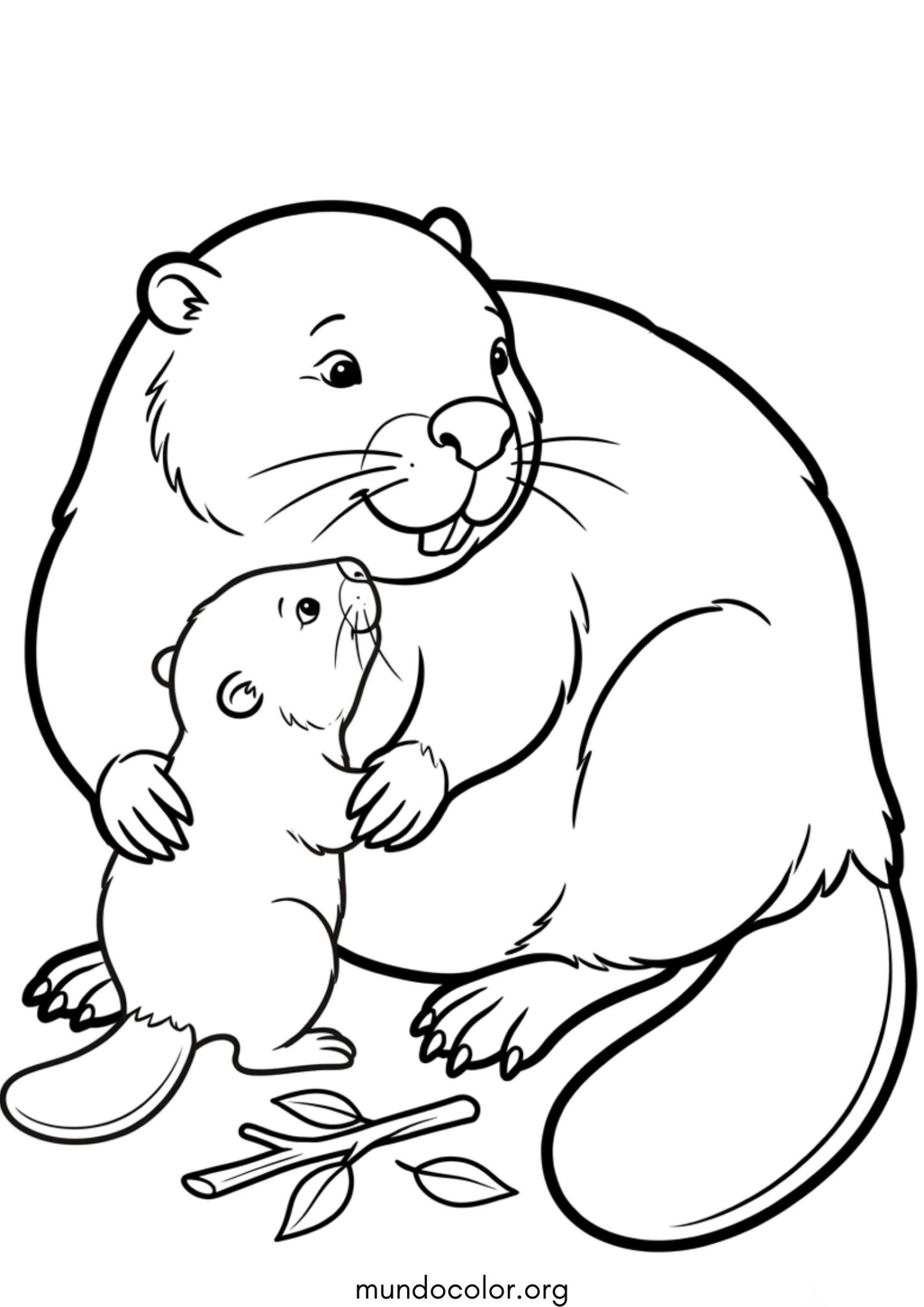 Dibujo de Castor bebé con su mamá para colorear