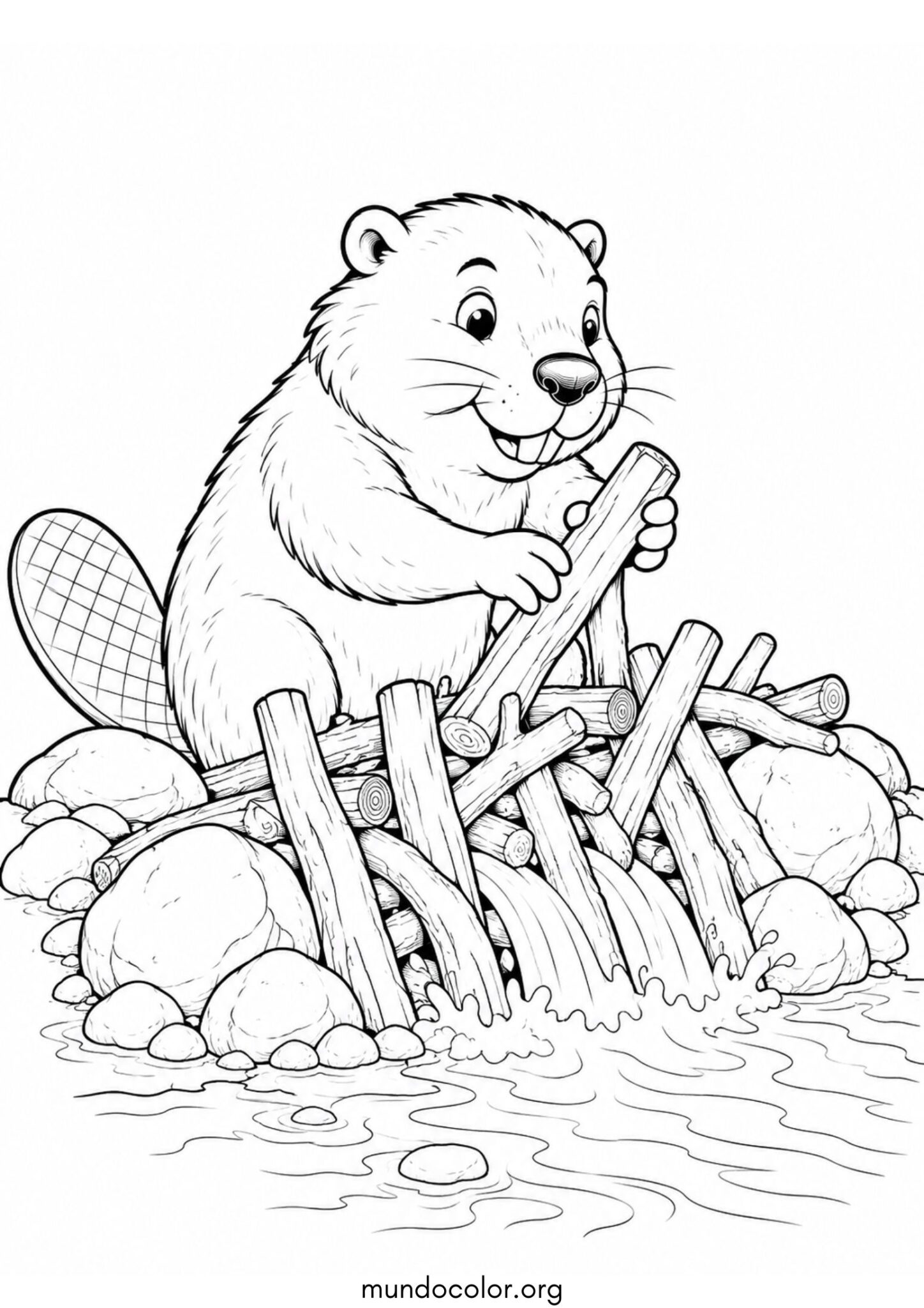 Dibujo de Castor construyendo una presa para colorear