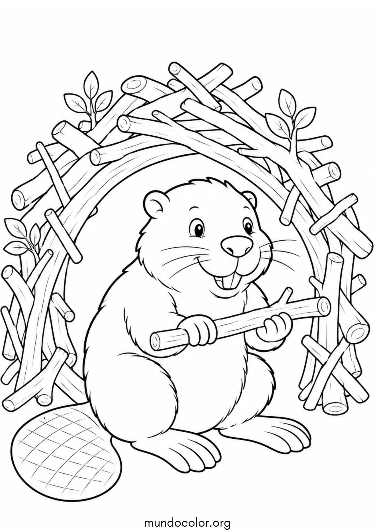 Dibujo de Castor en su madriguera de troncos para colorear