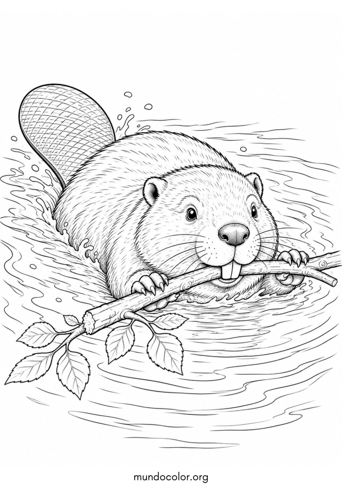 Dibujo de Castor nadando en el río con un palo para colorear