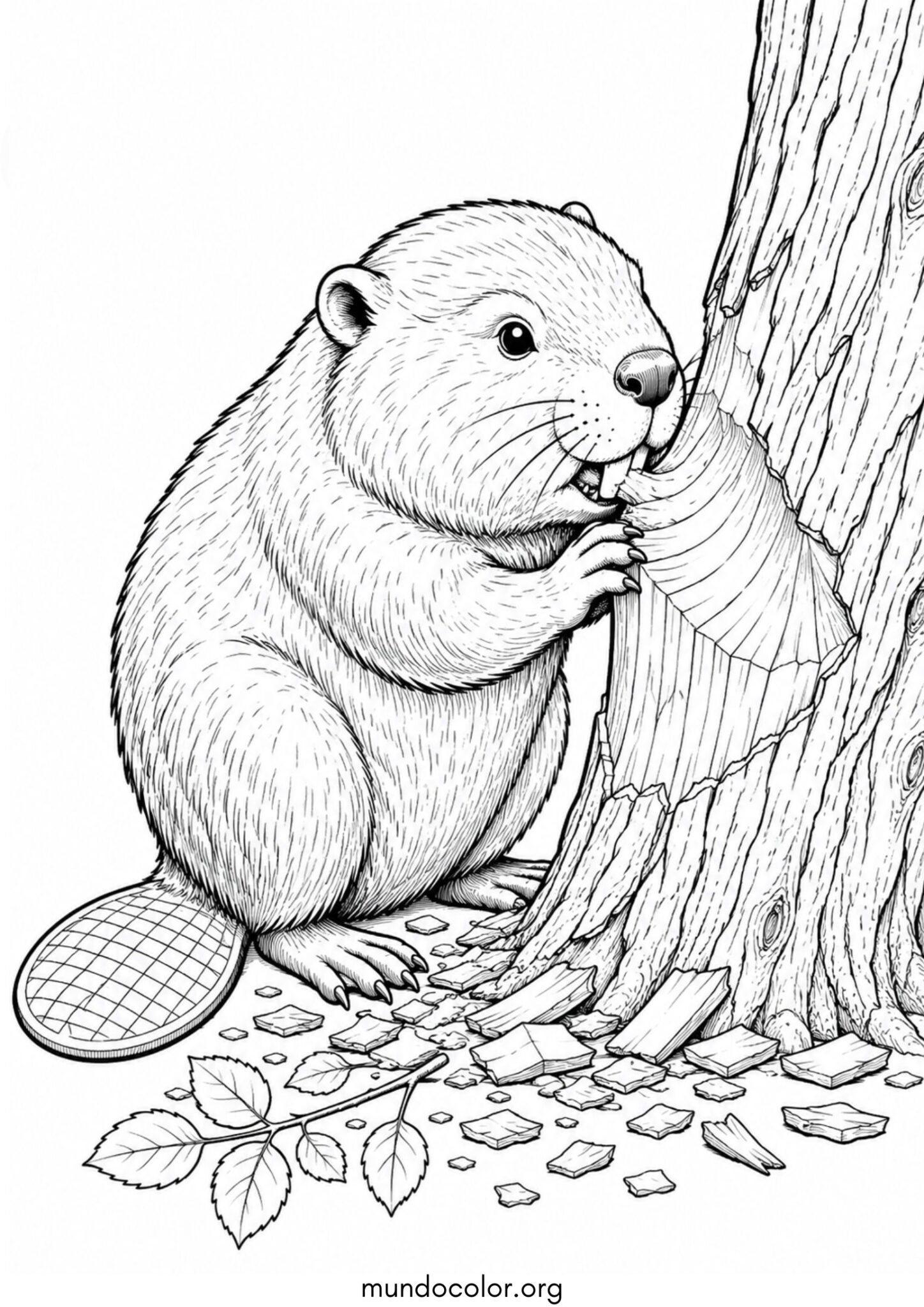 Dibujo de Castor royendo un árbol para colorear