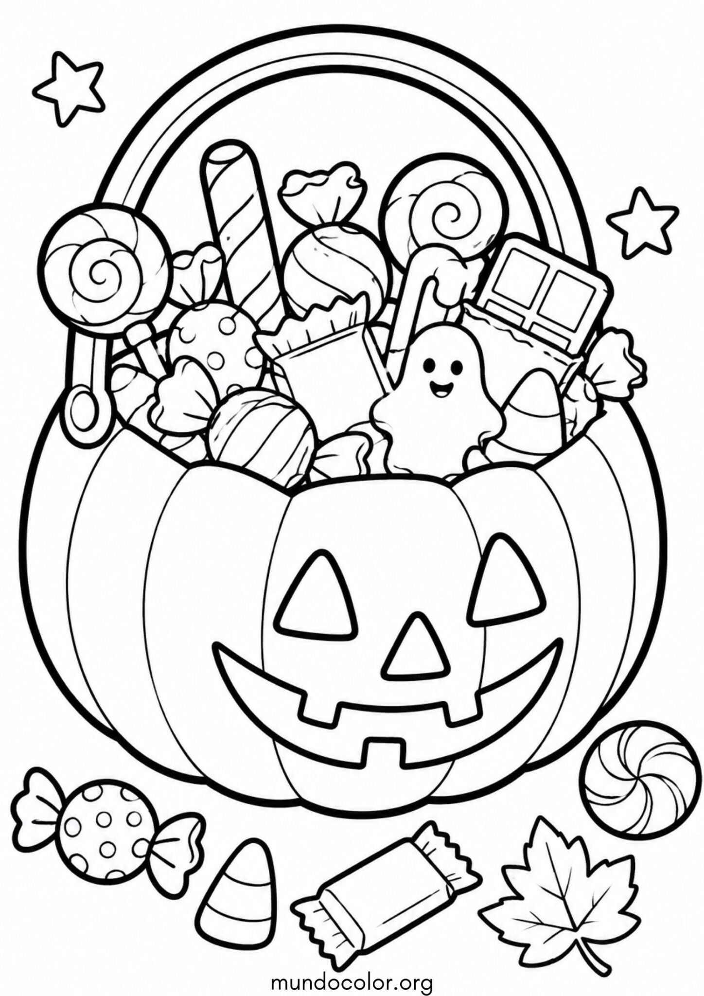 Dibujo de Cesta de calabaza llena de caramelos de Halloween para colorear