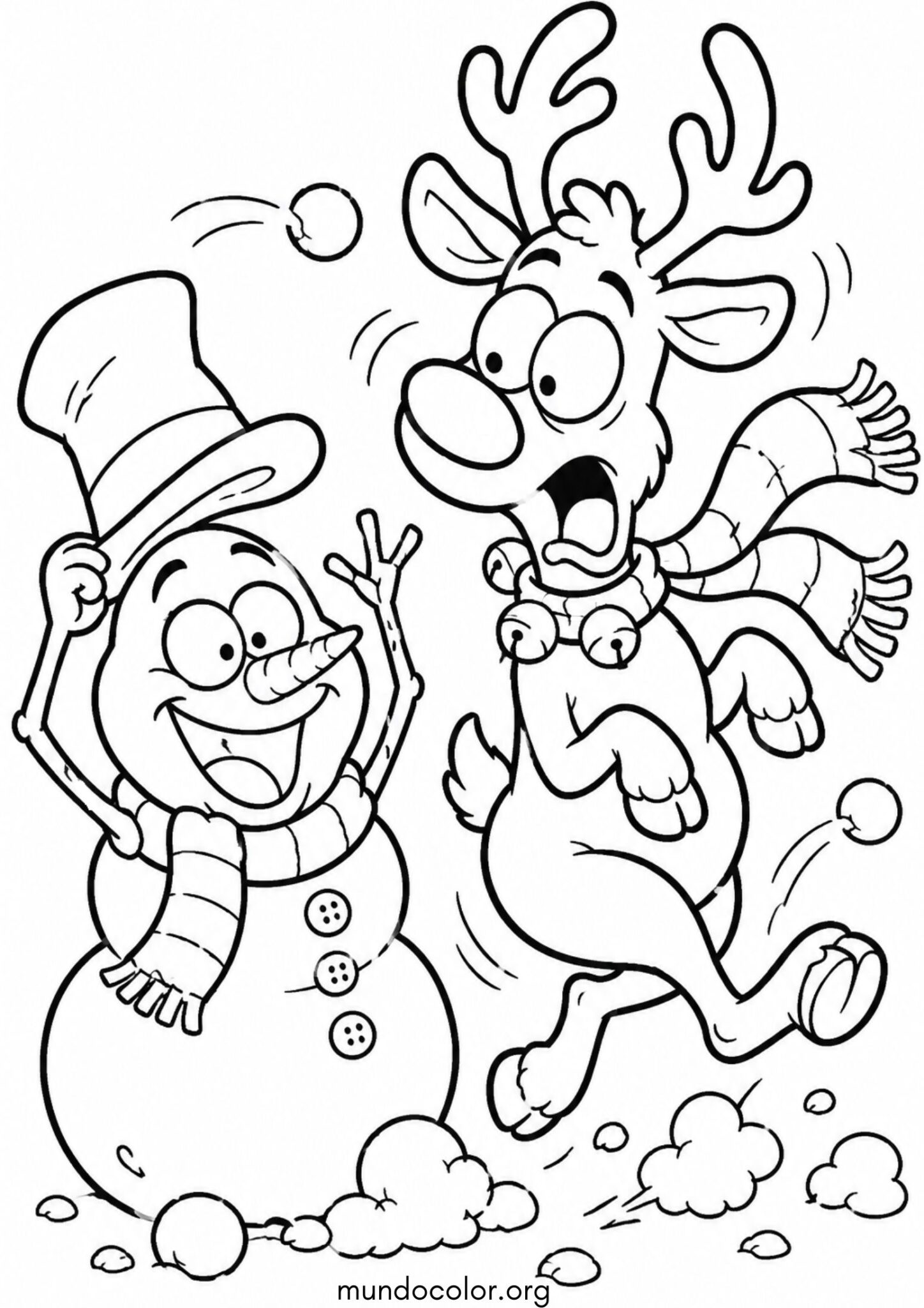 Dibujo de Ciervo de Navidad y un muñeco de nieve para colorear
