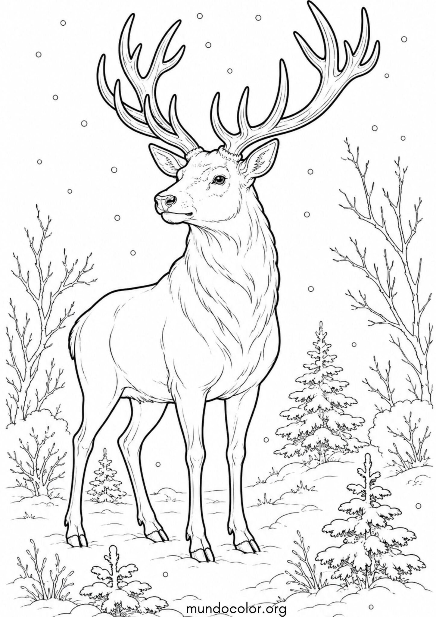 Dibujo de Ciervo en el bosque de invierno para colorear