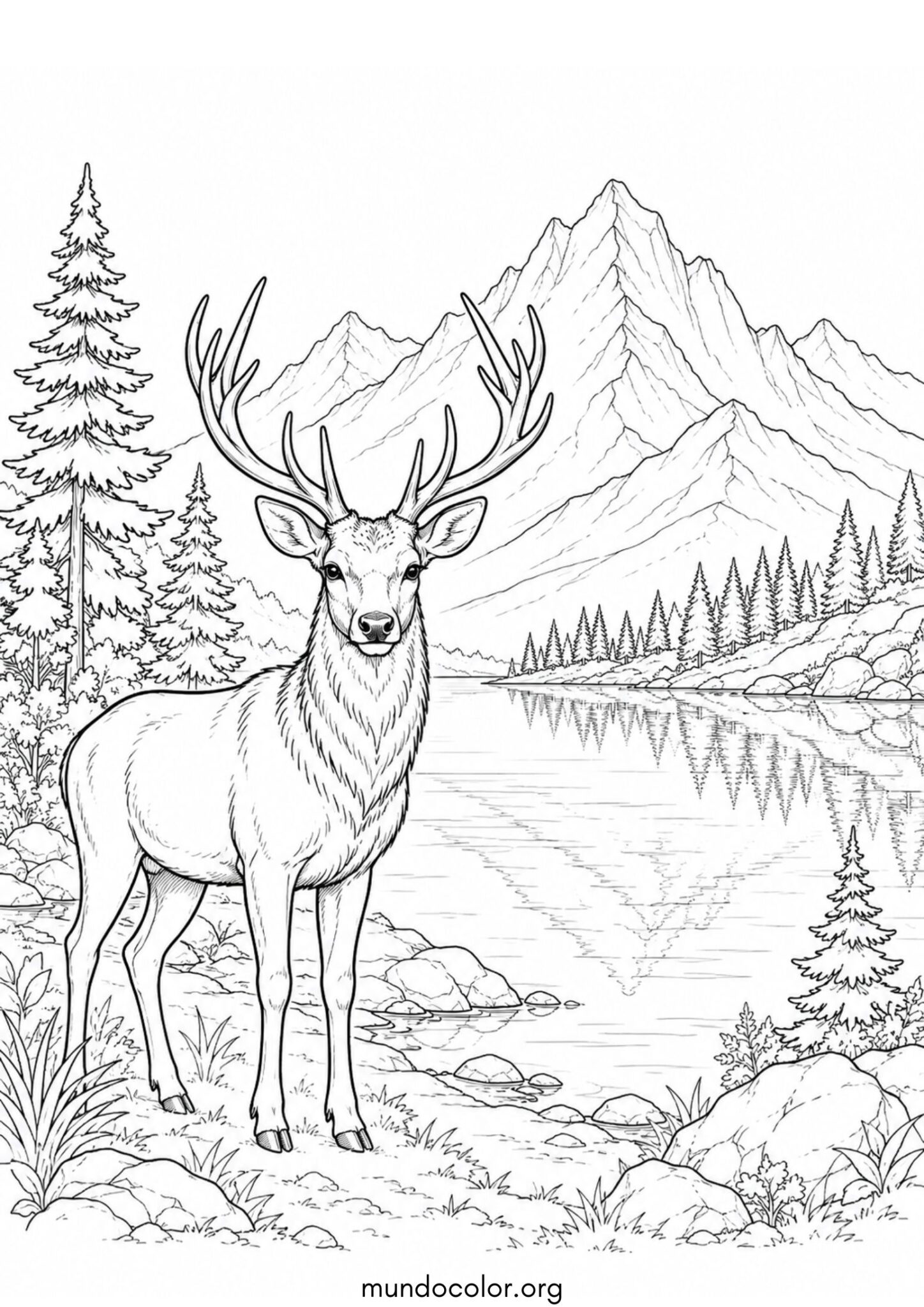 Dibujo de Ciervo junto al lago de la montaña para imprimir Dibujo de Ciervo junto al lago de la montaña para colorear