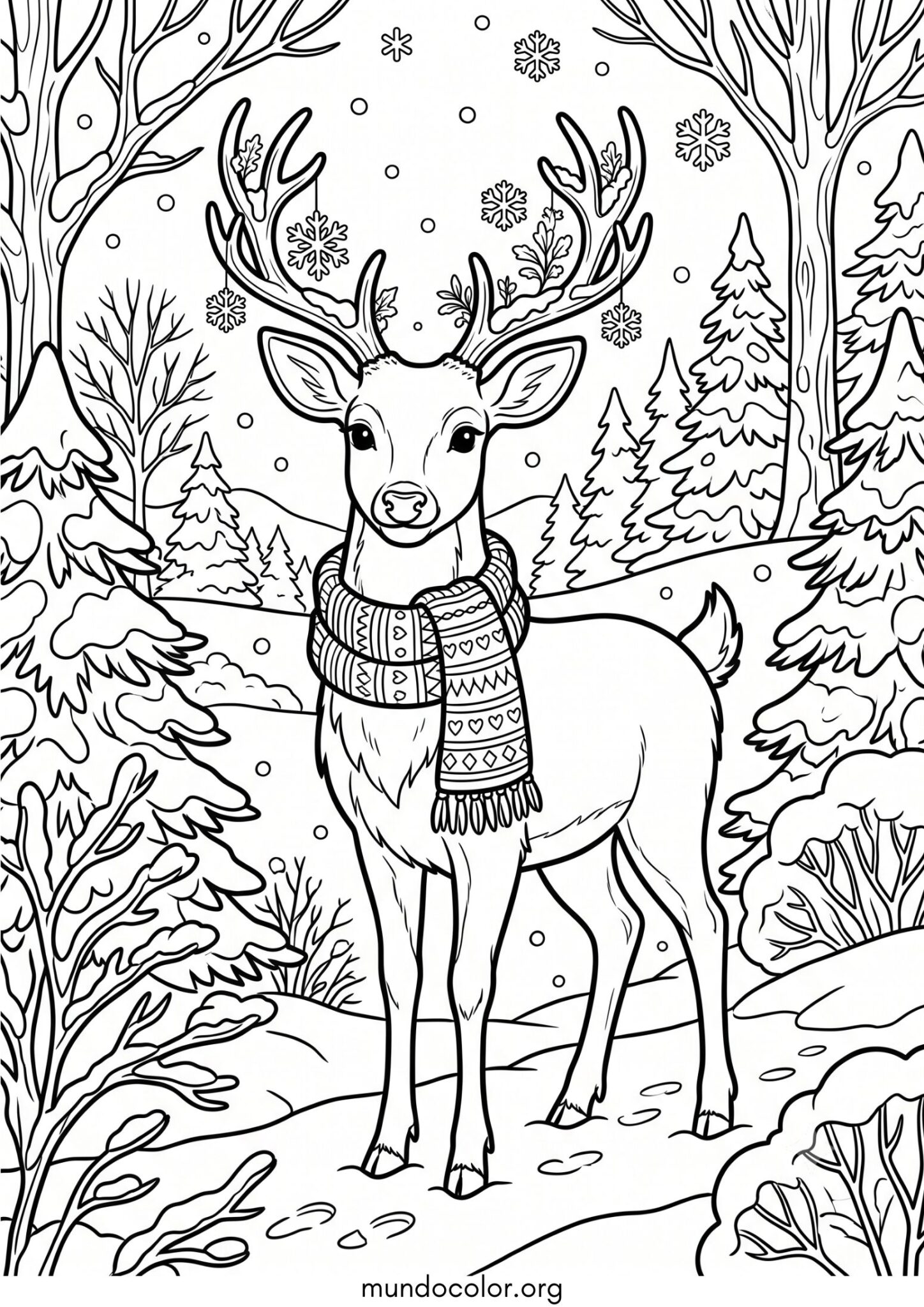 Dibujo de Ciervo navideño con bufanda para imprimir Dibujo de Ciervo navideño con bufanda para colorear