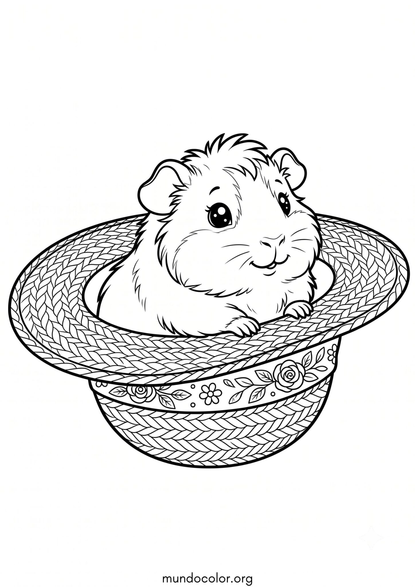 Dibujo de Cobaya dentro de un sombrero de paja para colorear