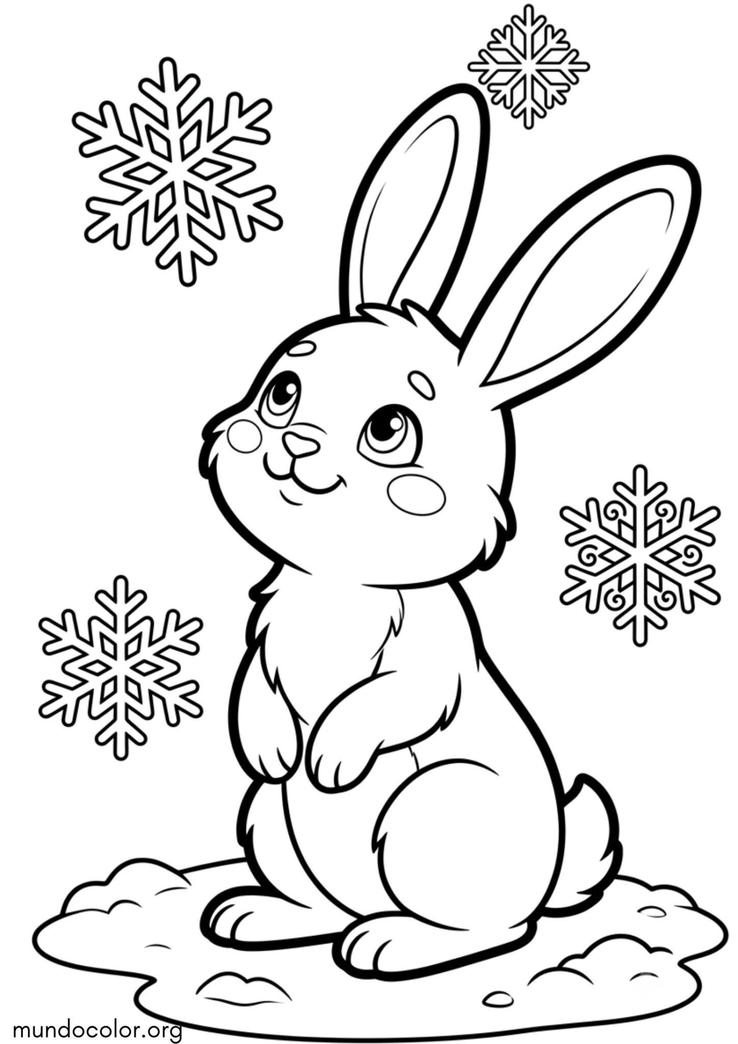 Dibujo de Conejo y copos de nieve para imprimir Dibujo de Conejo y copos de nieve para colorear