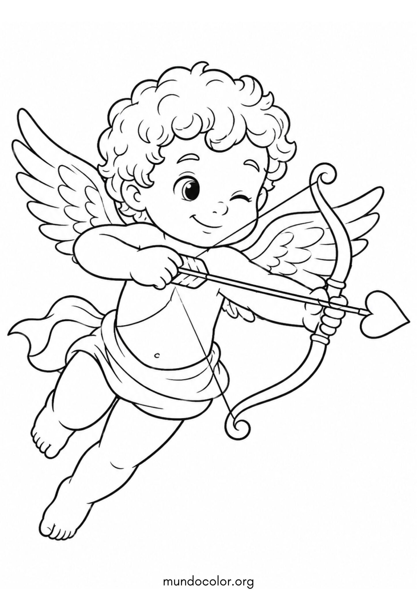 Dibujo de San Valentín – Cupido volando con arco y flecha para imprimir Dibujo de San Valentín – Cupido volando con arco y flecha para colorear