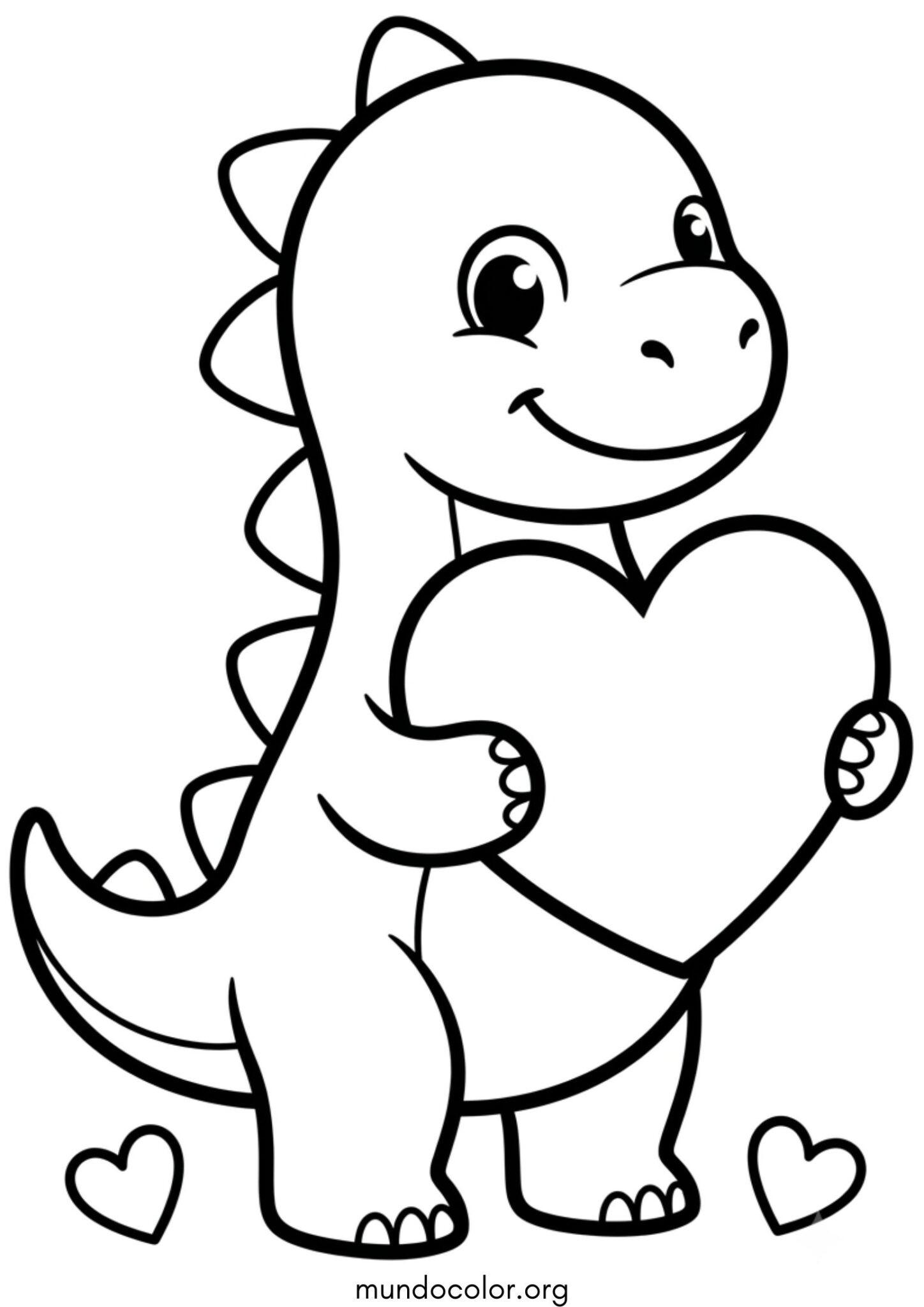 Dibujo de Dinosaurio kawaii con un corazón de San Valentín para imprimir Dibujo de Dinosaurio kawaii con un corazón de San Valentín para colorear