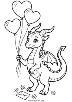Dragón con globos de corazón de San Valentín