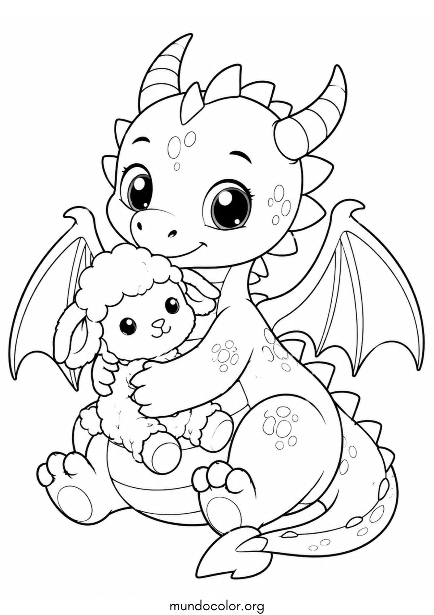 Dibujo de Dragón con un peluche de oveja para colorear