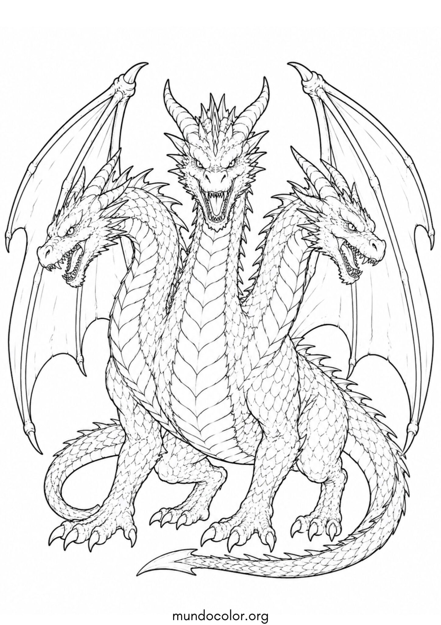 Dibujo de Dragón de tres cabezas para colorear
