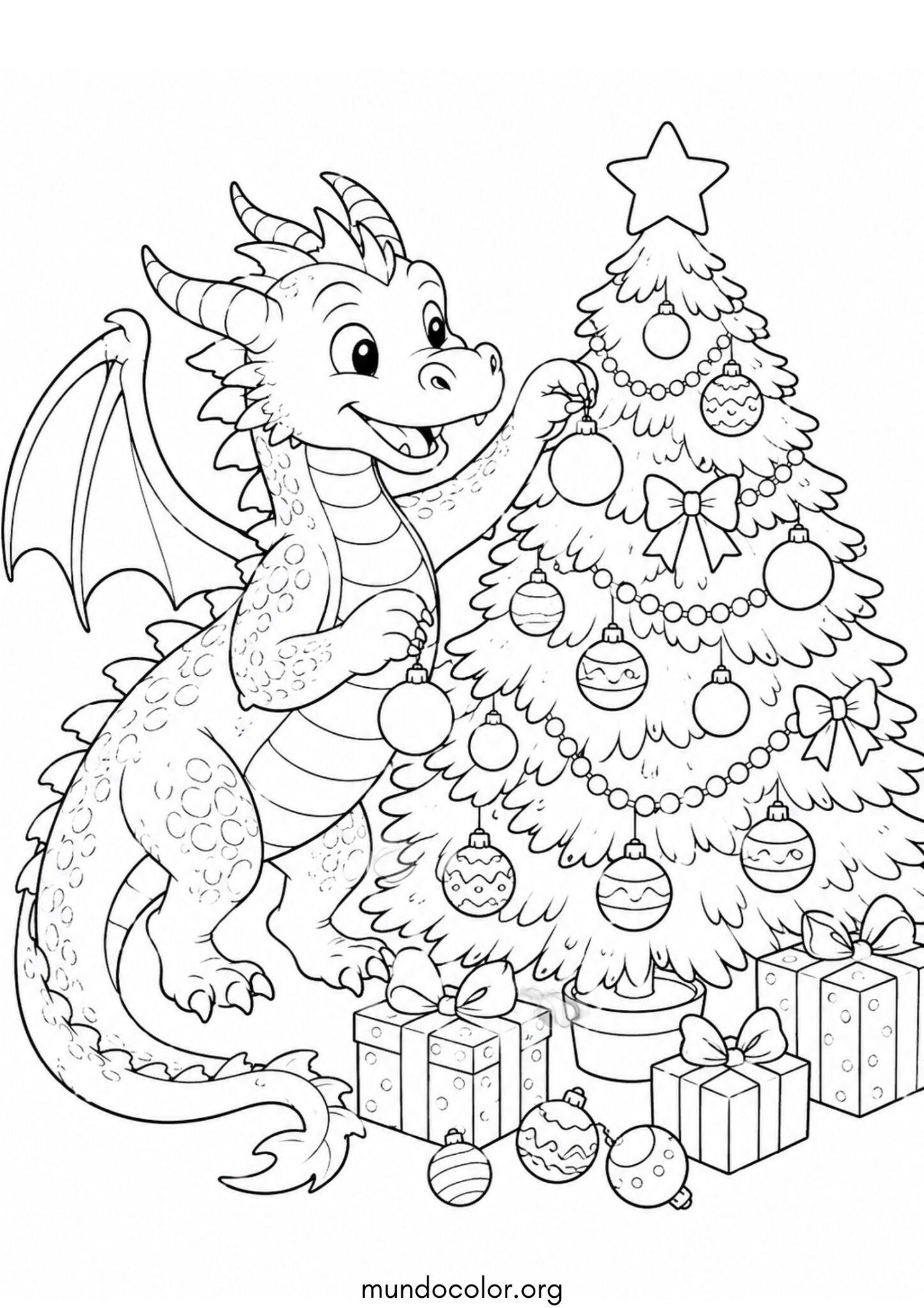 Dibujo de Dragón decorando el árbol de Navidad para colorear