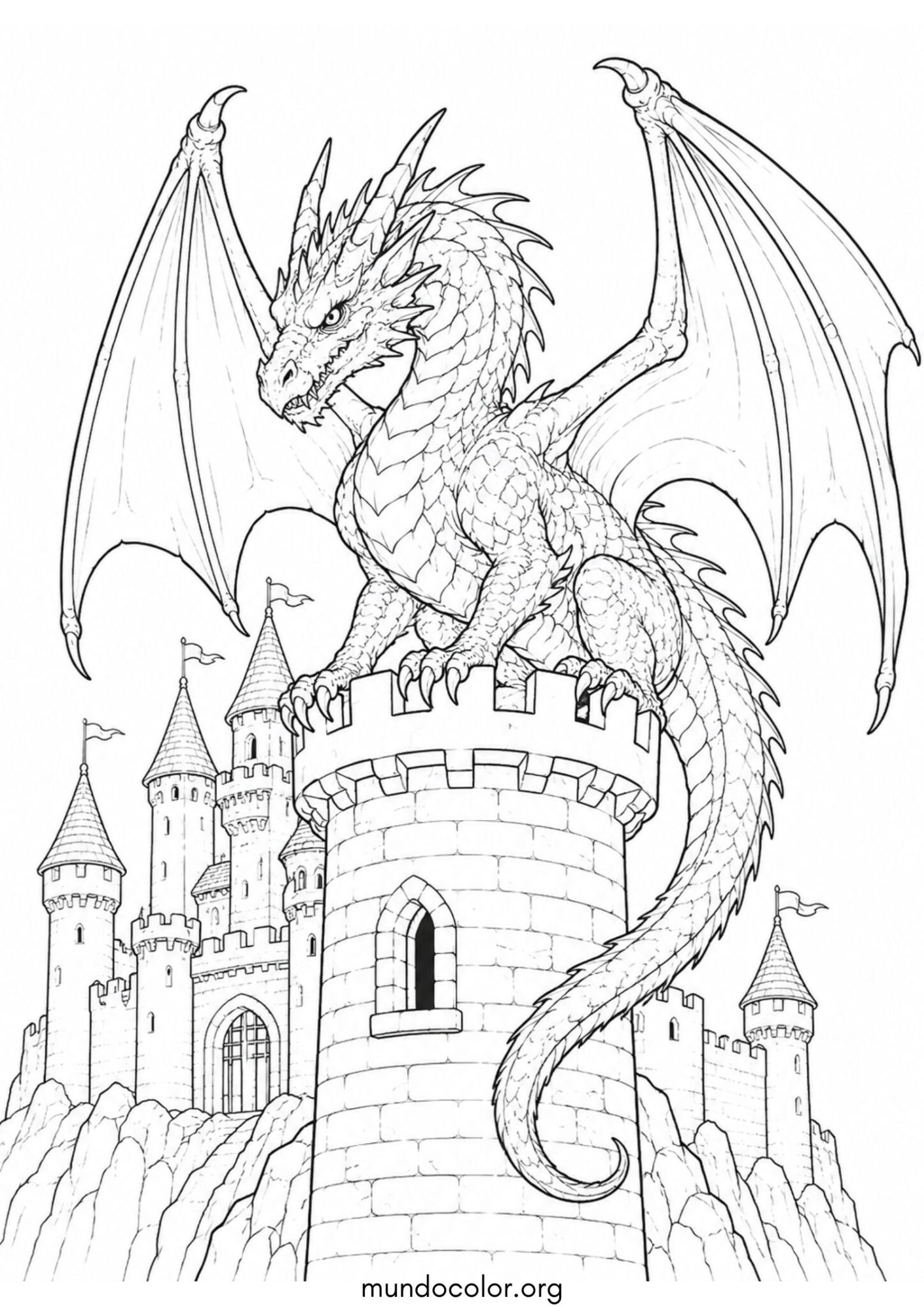 Dibujo de Dragón en la torre del castillo para colorear
