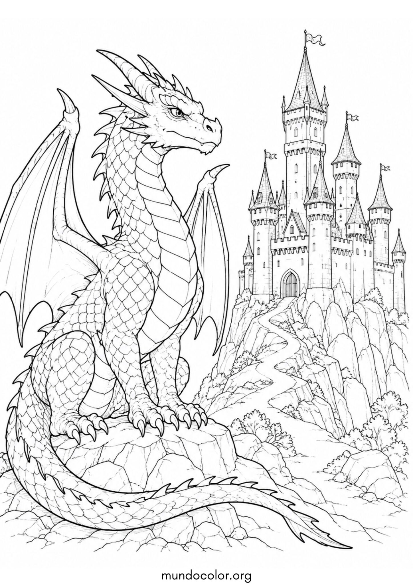 Dibujo de Dragón junto al castillo para colorear