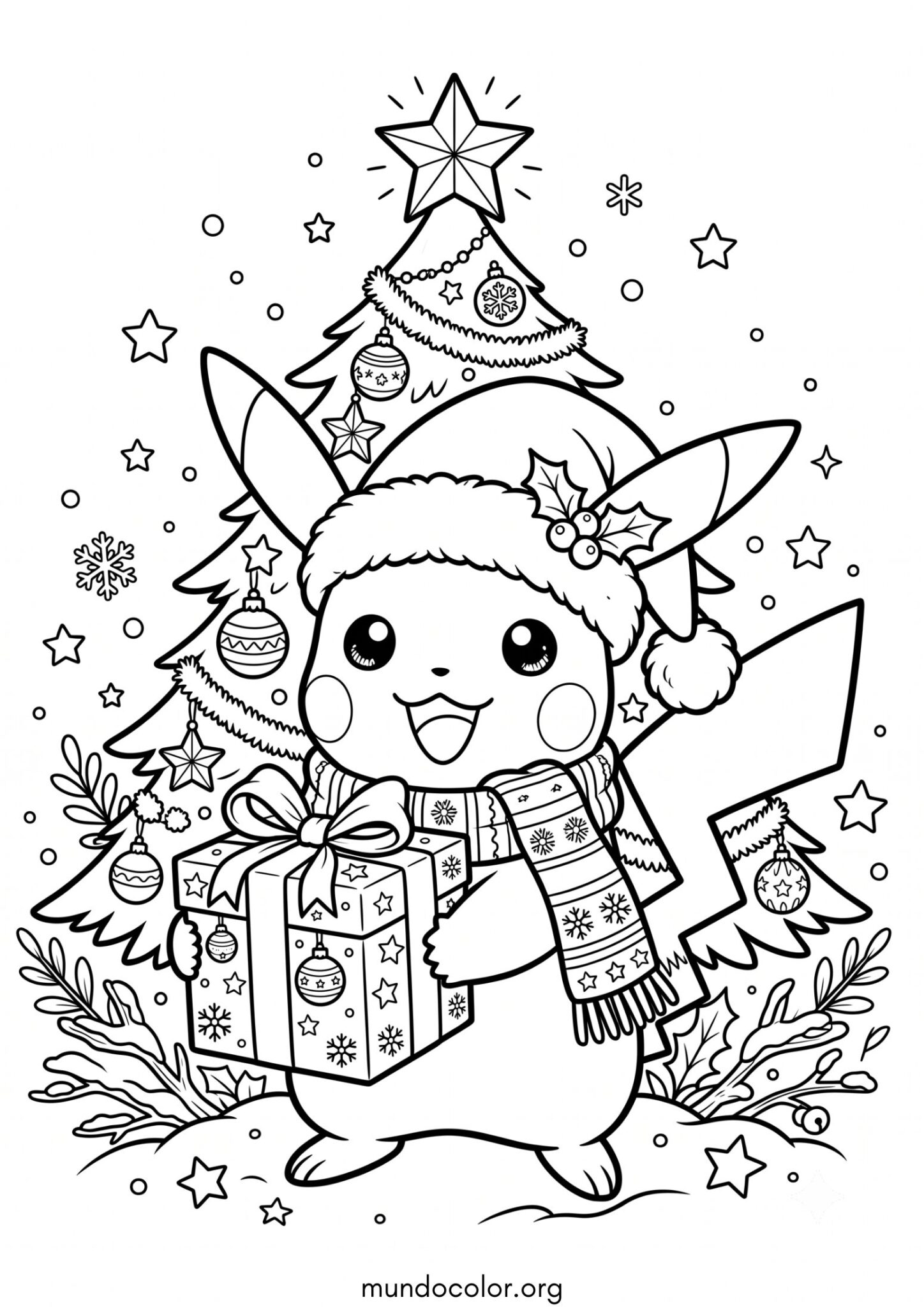Dibujo de El Pokémon Pikachu en Navidad para imprimir Dibujo de El Pokémon Pikachu en Navidad para colorear