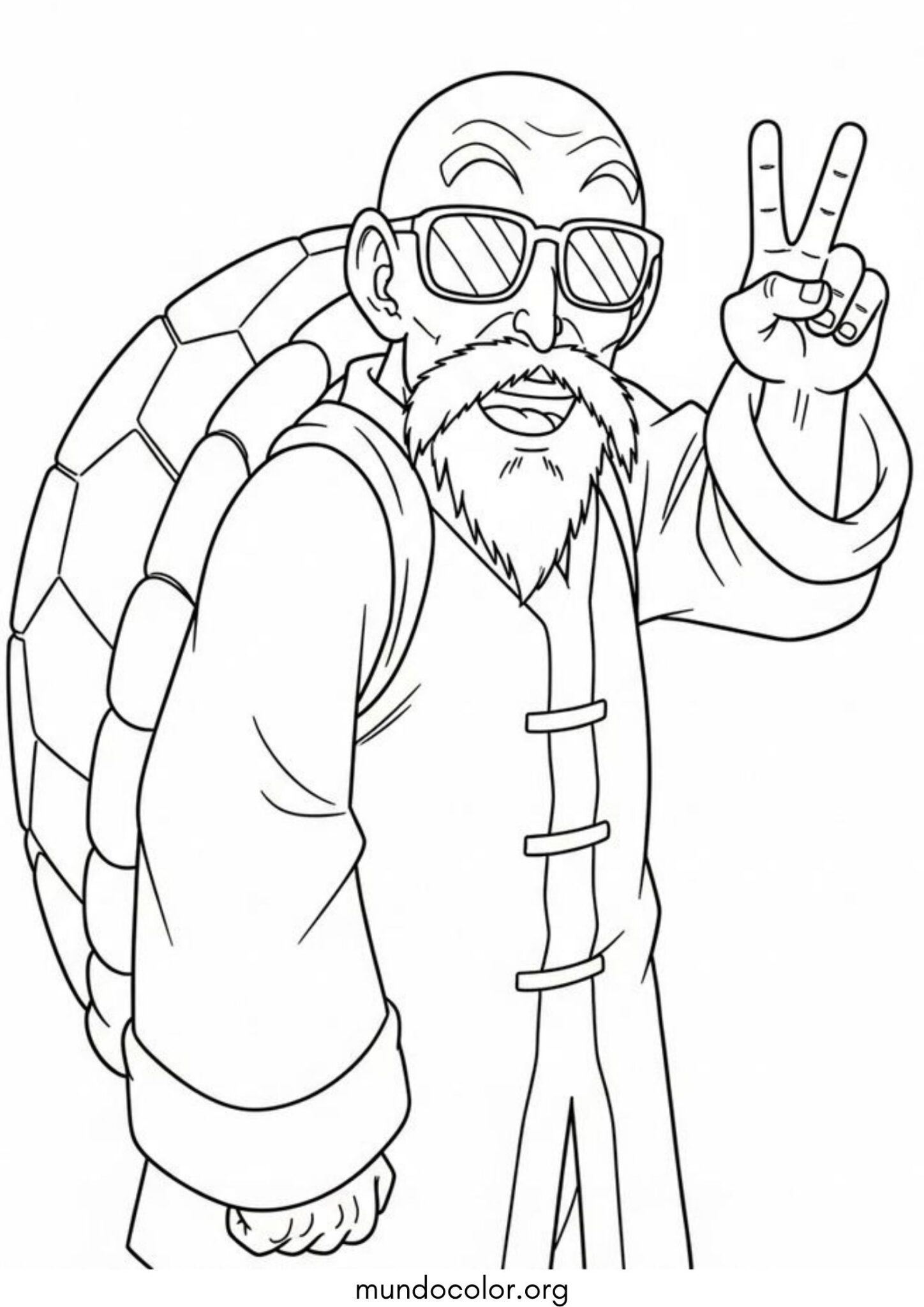Dibujo de El maestro Roshi hace el gesto de la «paz» con los dedos (Dragon Ball) para colorear
