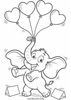 Elefantito sosteniendo globos de corazón de San Valentín