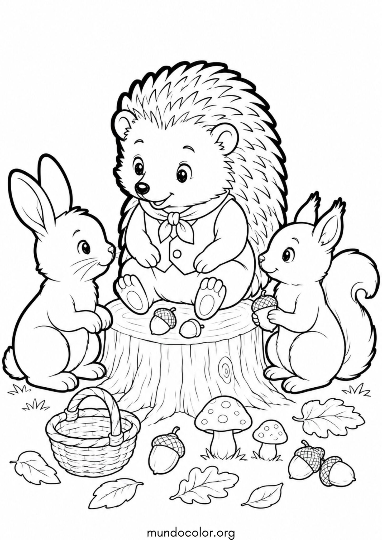 Dibujo de Erizo con sus amigos del bosque para colorear