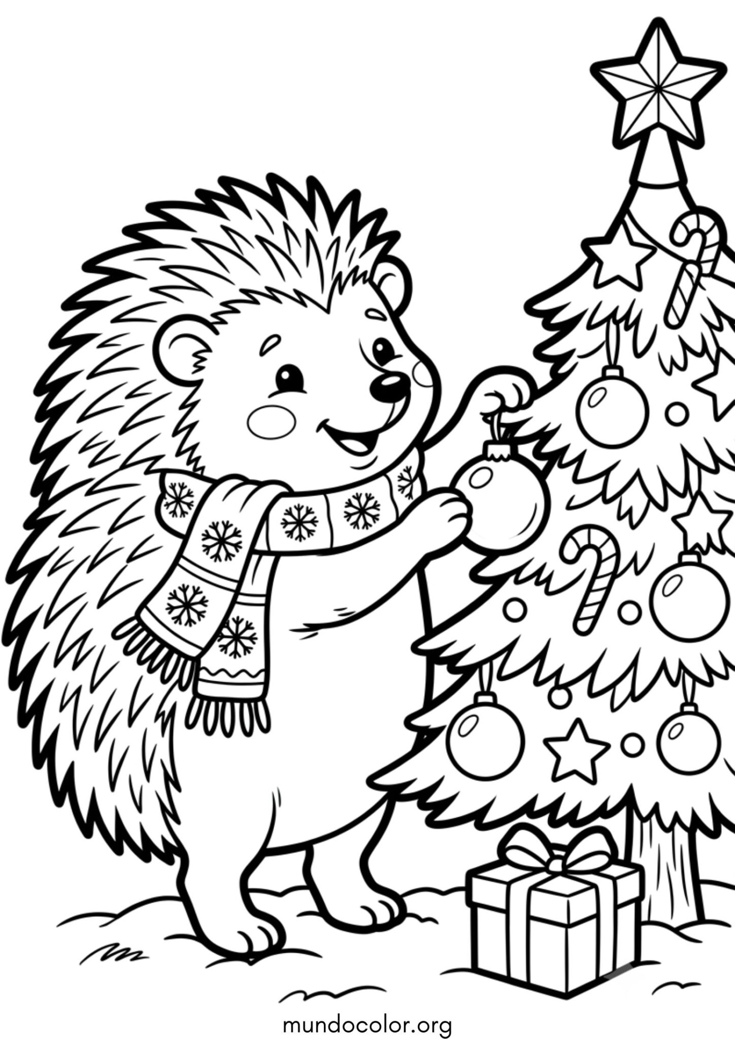 Dibujo de Erizo decorando el árbol de Navidad para colorear