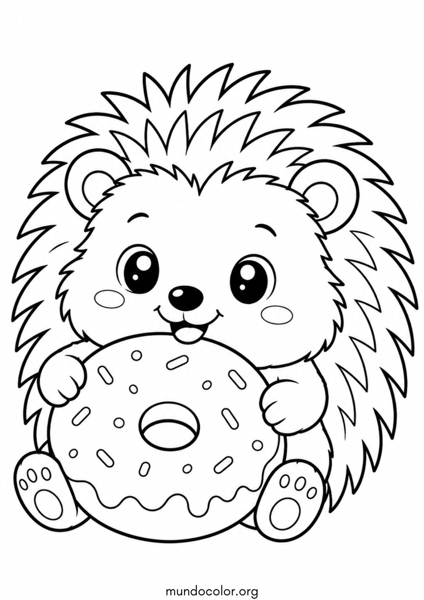 Dibujo de Erizo kawaii con una dona para colorear