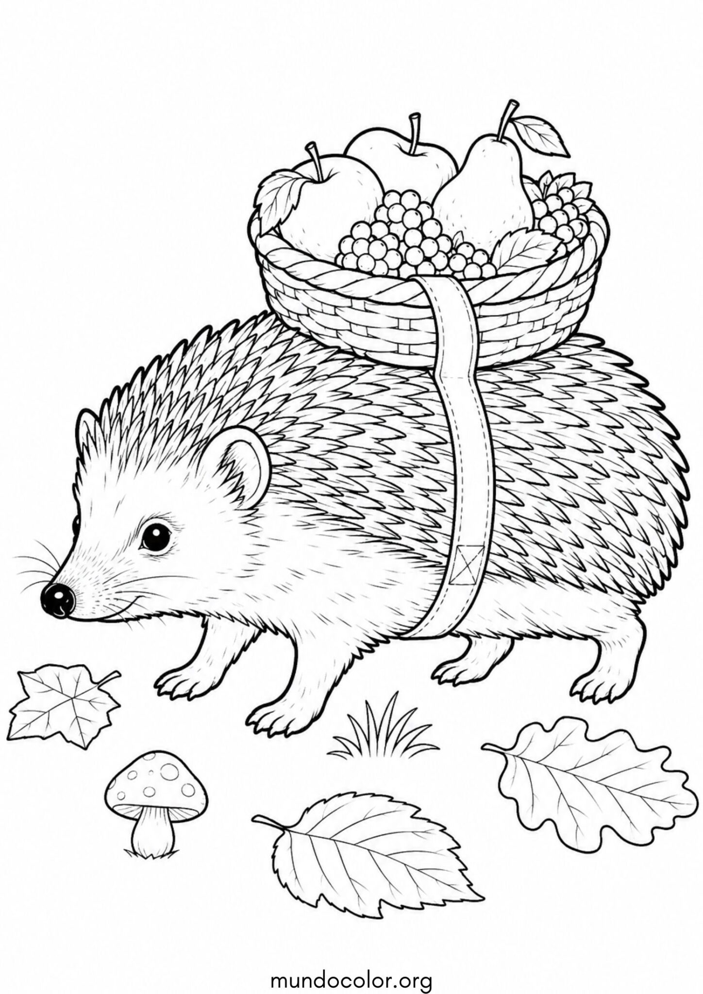 Dibujo de Erizo llevando una canasta de frutas para imprimir Dibujo de Erizo llevando una canasta de frutas para colorear