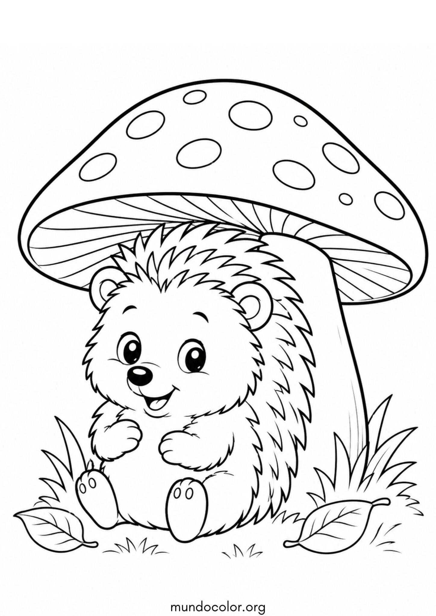 Dibujo de Erizo tierno bajo una seta para colorear