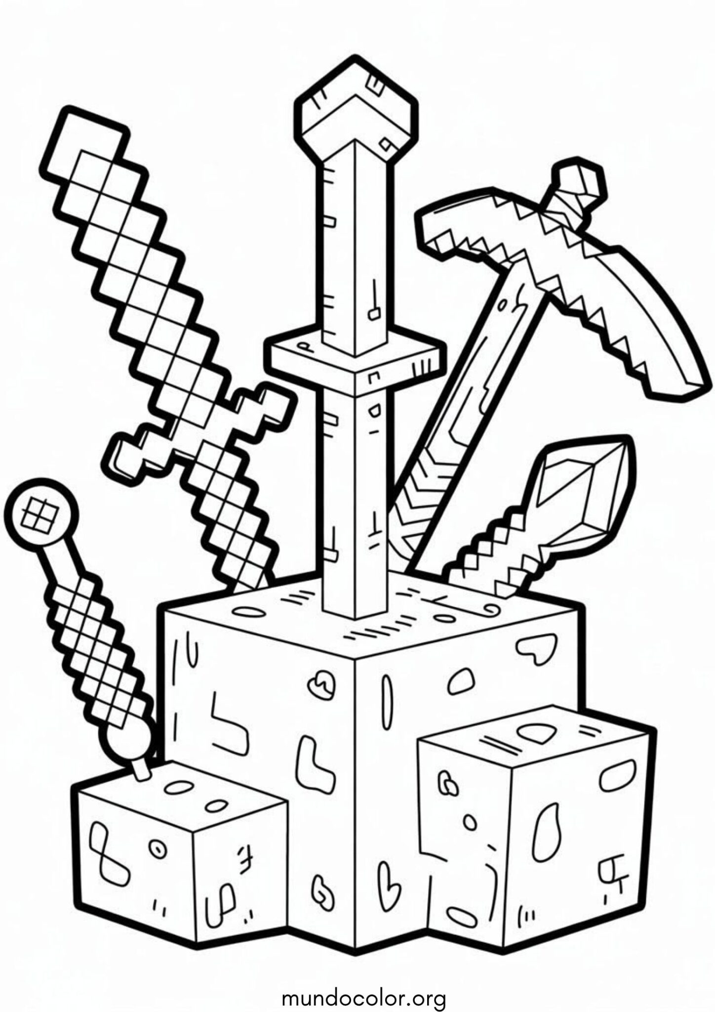 Dibujo de Espadas, pico y bloques de Minecraft para colorear