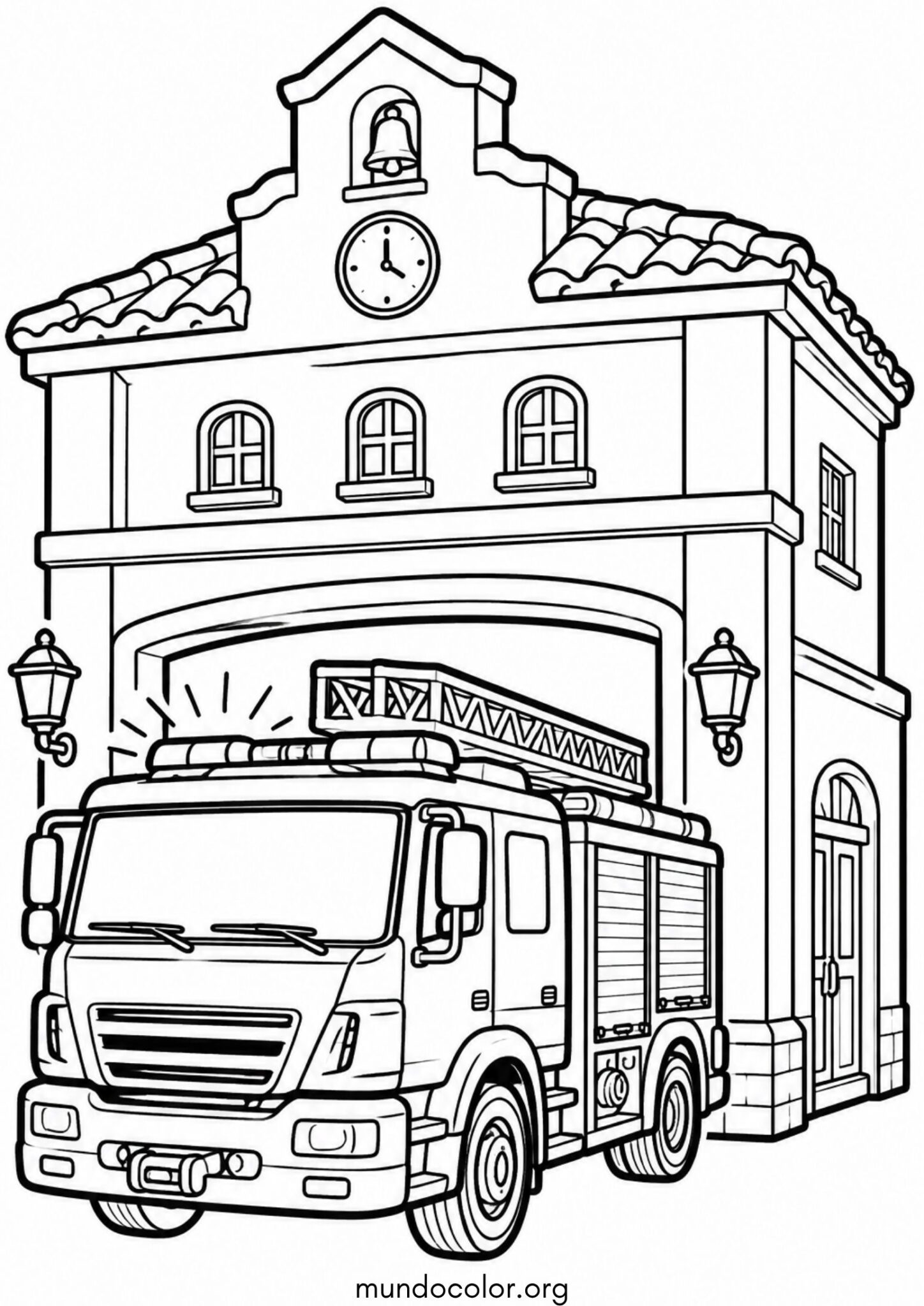 Dibujo de Estación de bomberos con camión saliendo para imprimir Dibujo de Estación de bomberos con camión saliendo para colorear