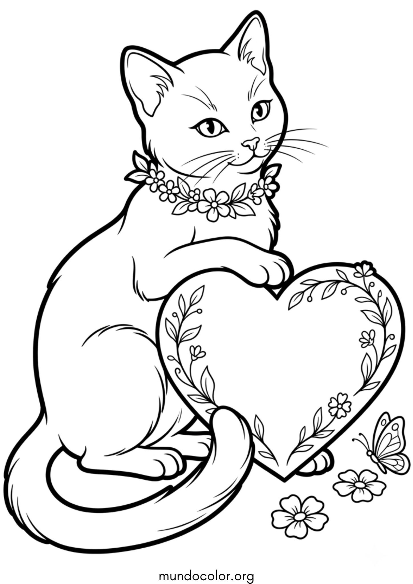 Dibujo de Gatita junto a un corazón grande de San Valentín para colorear