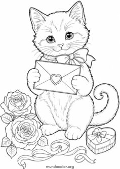 Gatito con lazo sosteniendo una carta de San Valentín