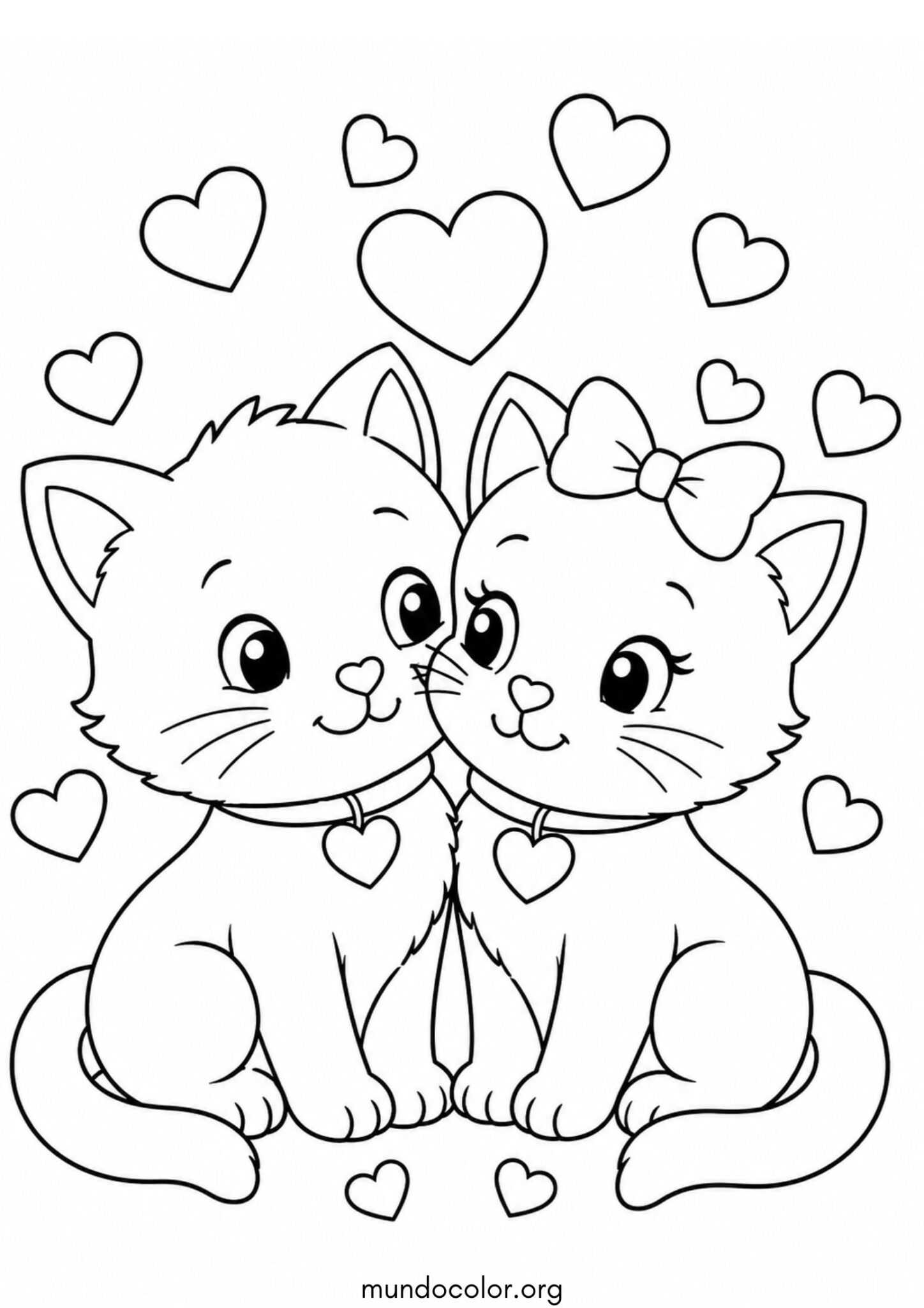 Dibujo de San Valentín- Gatitos enamorados con corazones para imprimir Dibujo de San Valentín- Gatitos enamorados con corazones para colorear