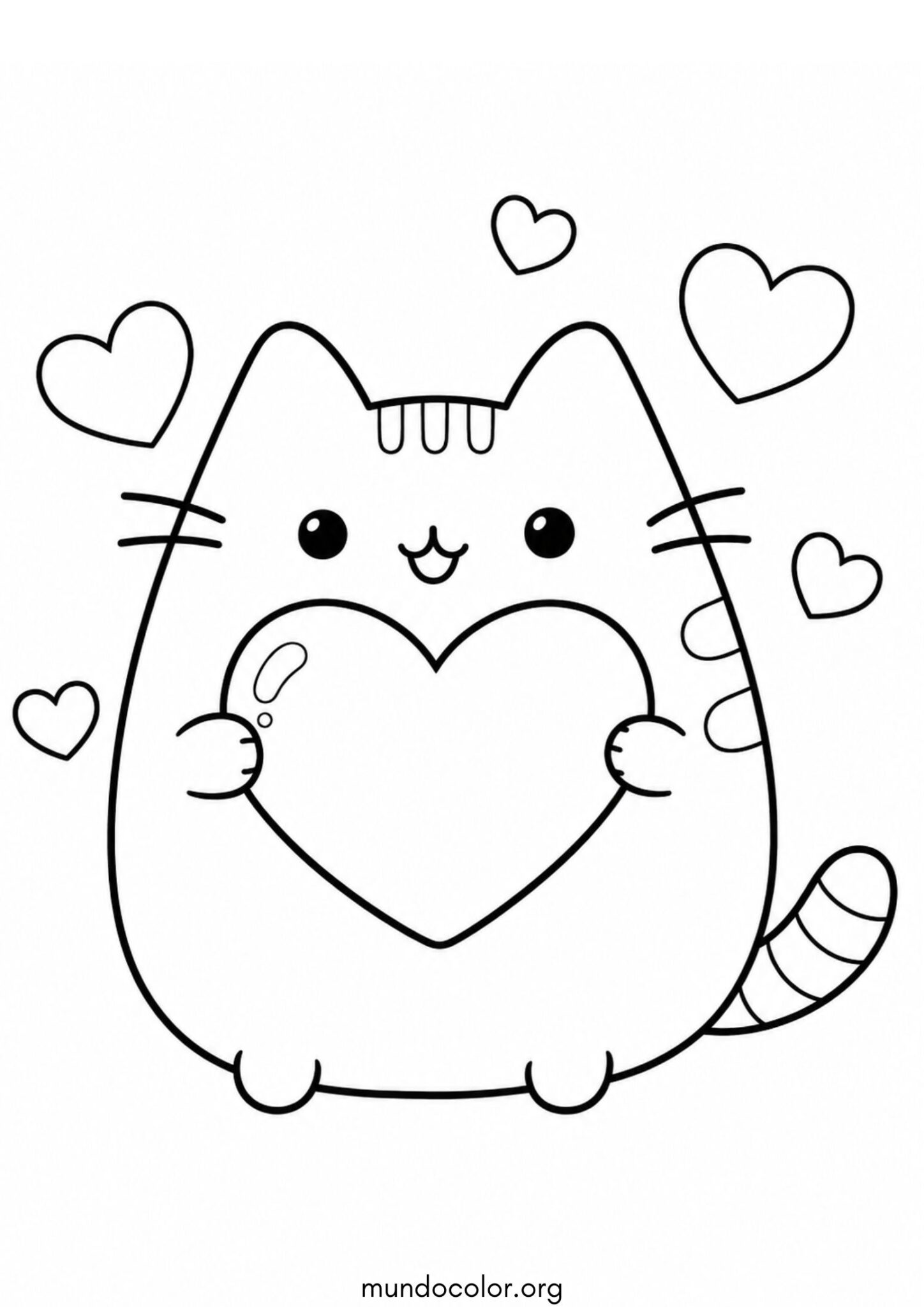 Dibujo de Gato Pusheen con corazón de San Valentín para imprimir Dibujo de Gato Pusheen con corazón de San Valentín para colorear