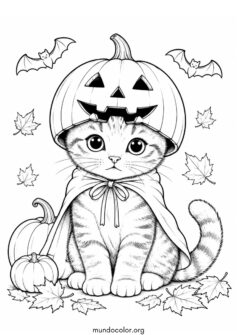 Gato con calabaza en la cabeza de Halloween