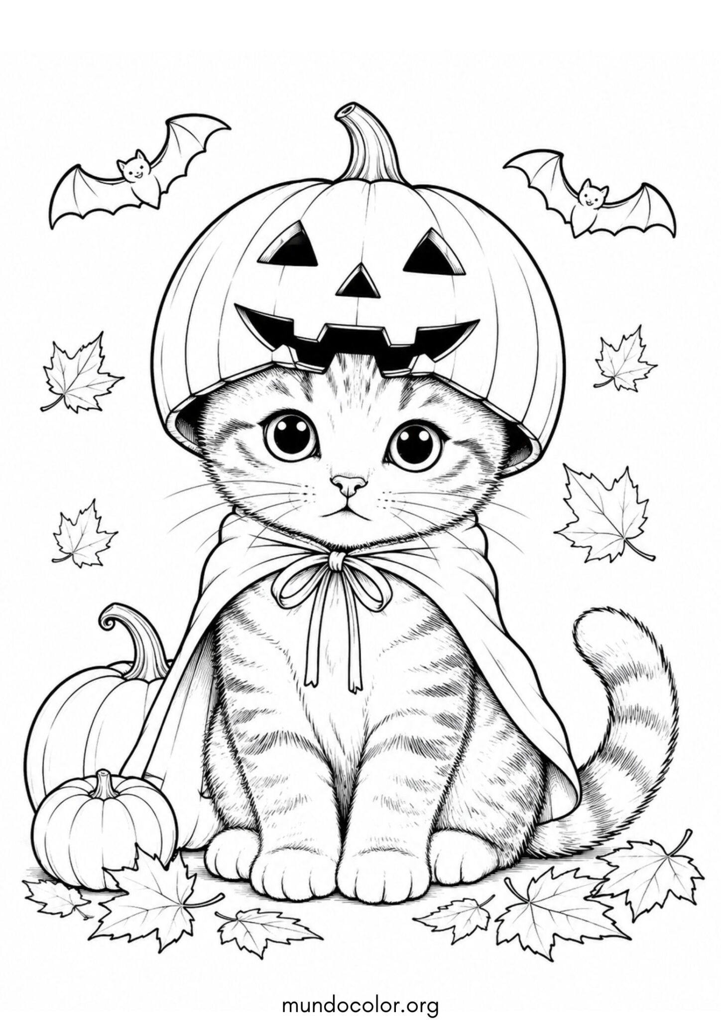 Dibujo de Gato con calabaza en la cabeza de Halloween para colorear