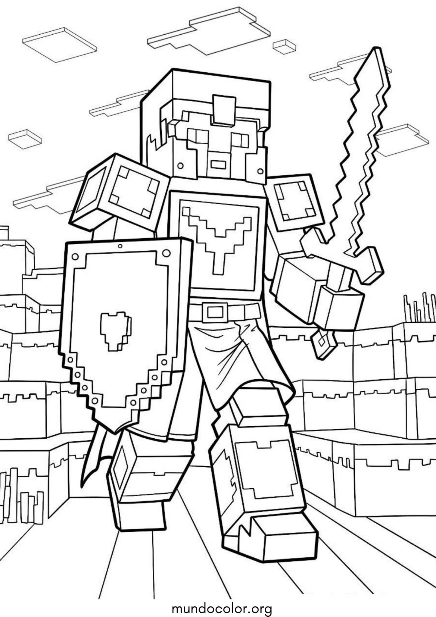 Dibujo de Guerrero de Minecraft con armadura completa para colorear