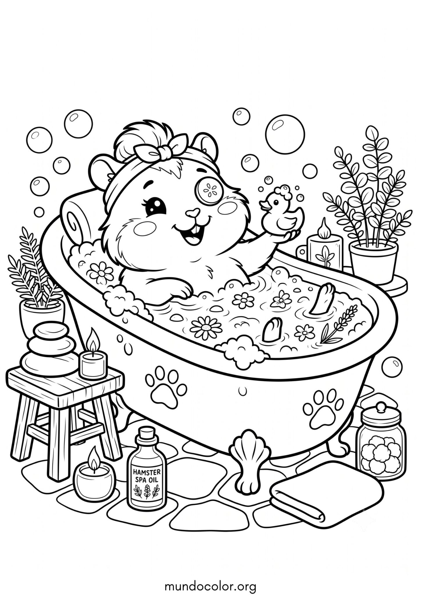 Dibujo de Hámster tomando un baño de burbujas para colorear