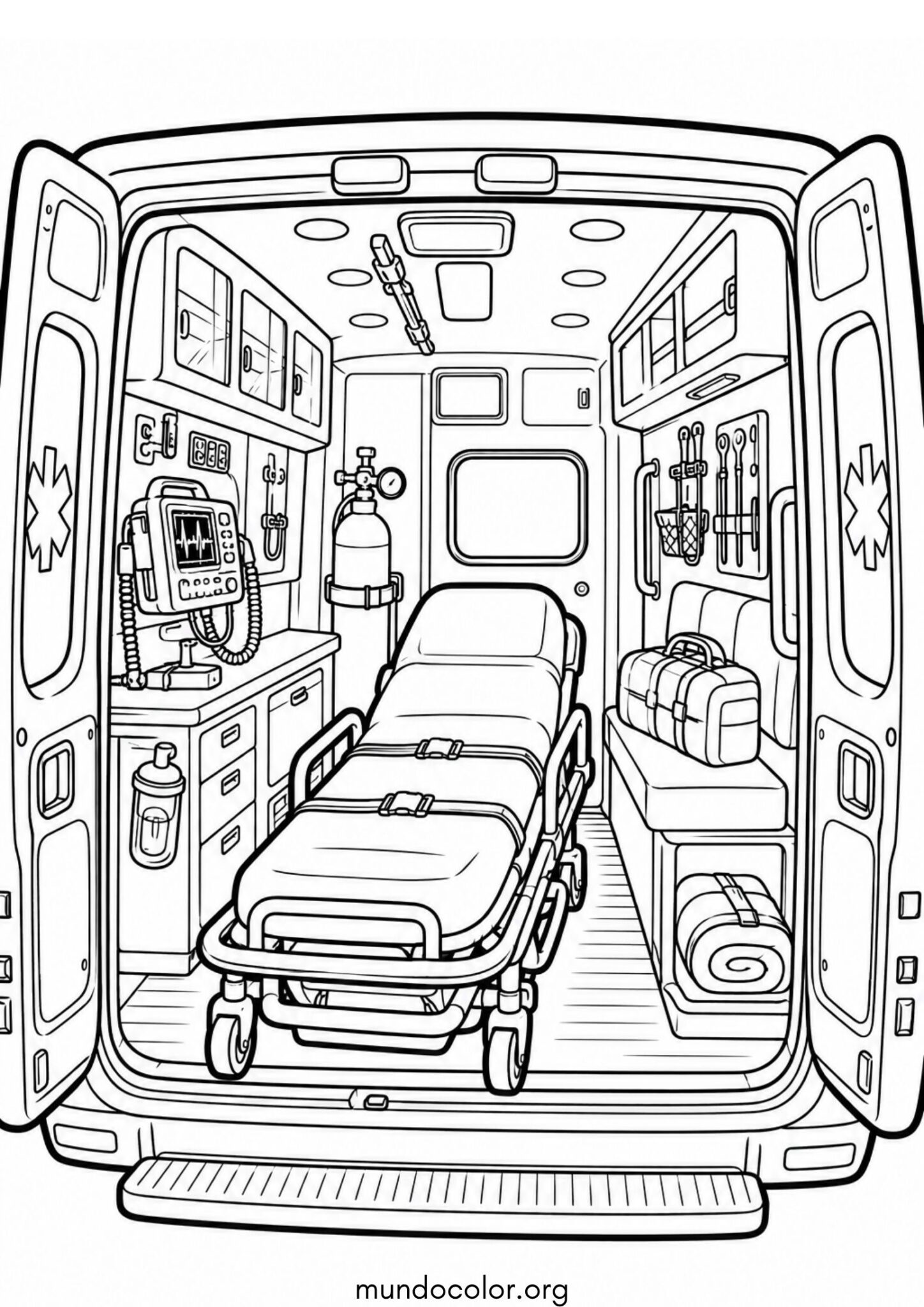 Dibujo de Interior de una ambulancia con camilla y equipos para imprimir Dibujo de Interior de una ambulancia con camilla y equipos para colorear