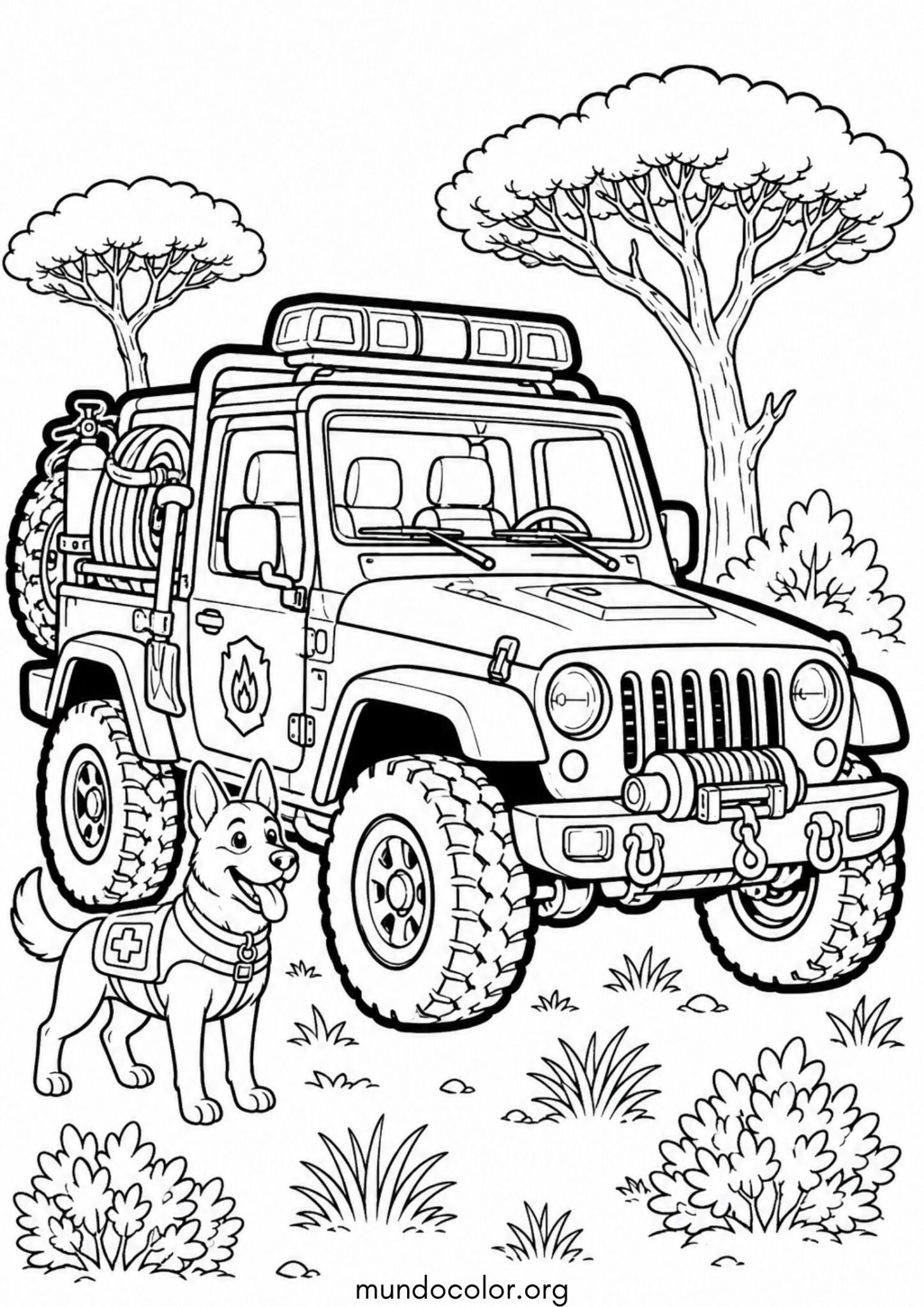 Dibujo de Jeep de bomberos en el bosque para imprimir Dibujo de Jeep de bomberos en el bosque para colorear