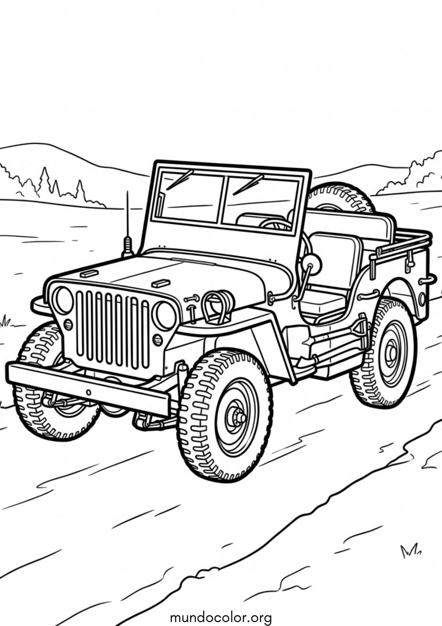 Dibujo de Jeep militar clásico con rueda de repuesto para colorear