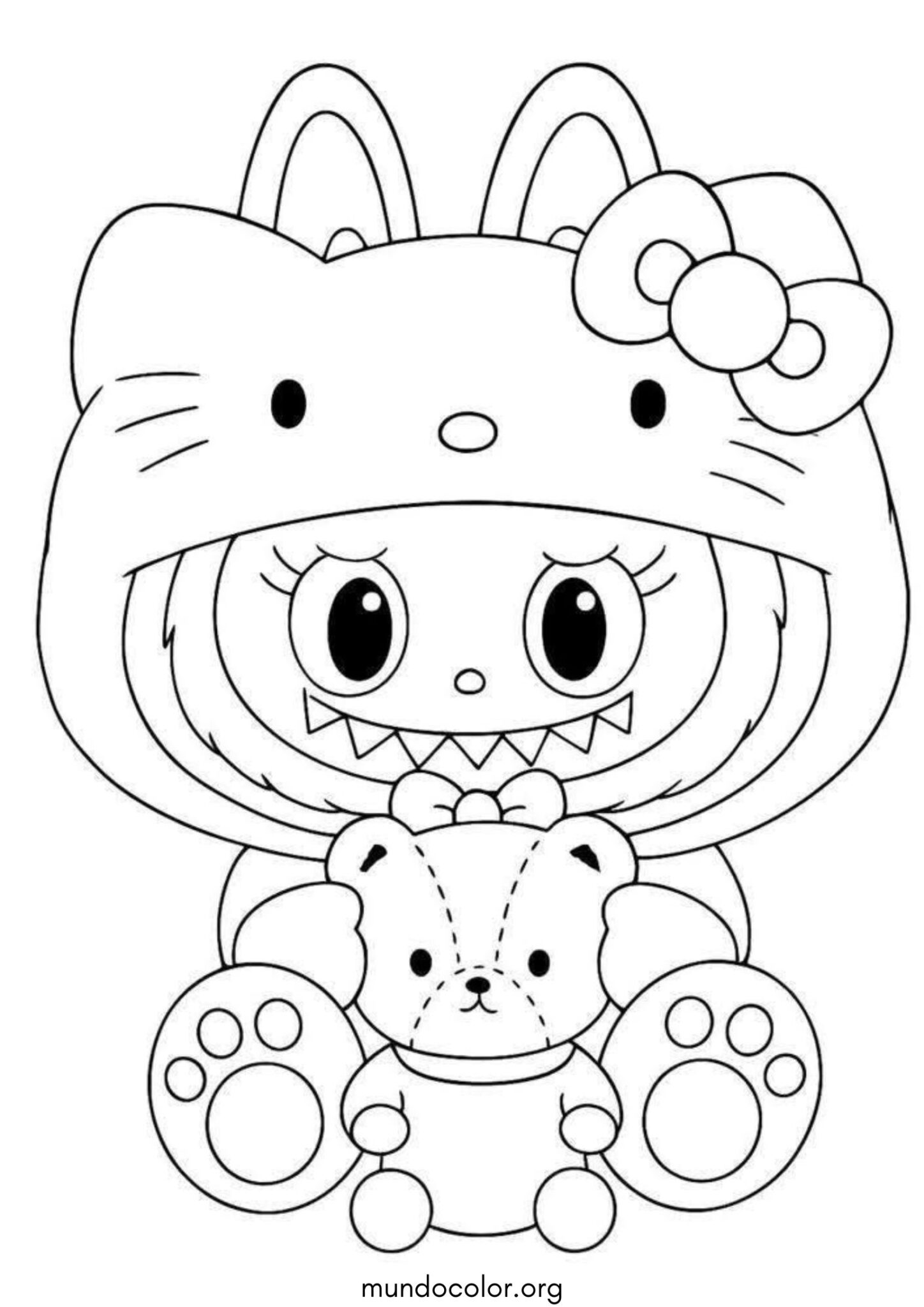 Dibujo de Labubu disfrazado de Hello Kitty con un osito para imprimir Dibujo de Labubu disfrazado de Hello Kitty con un osito para colorear