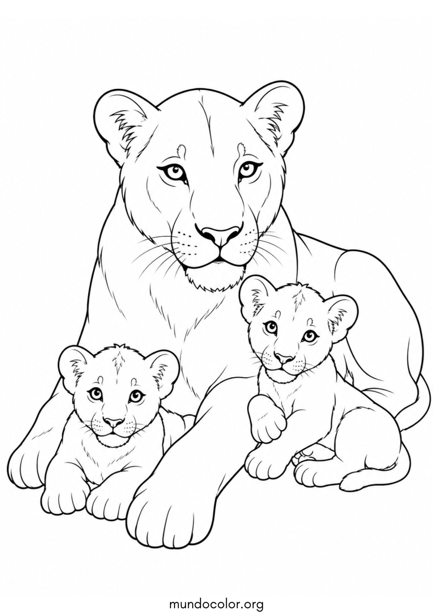 Dibujo de Leona con sus cachorros para colorear