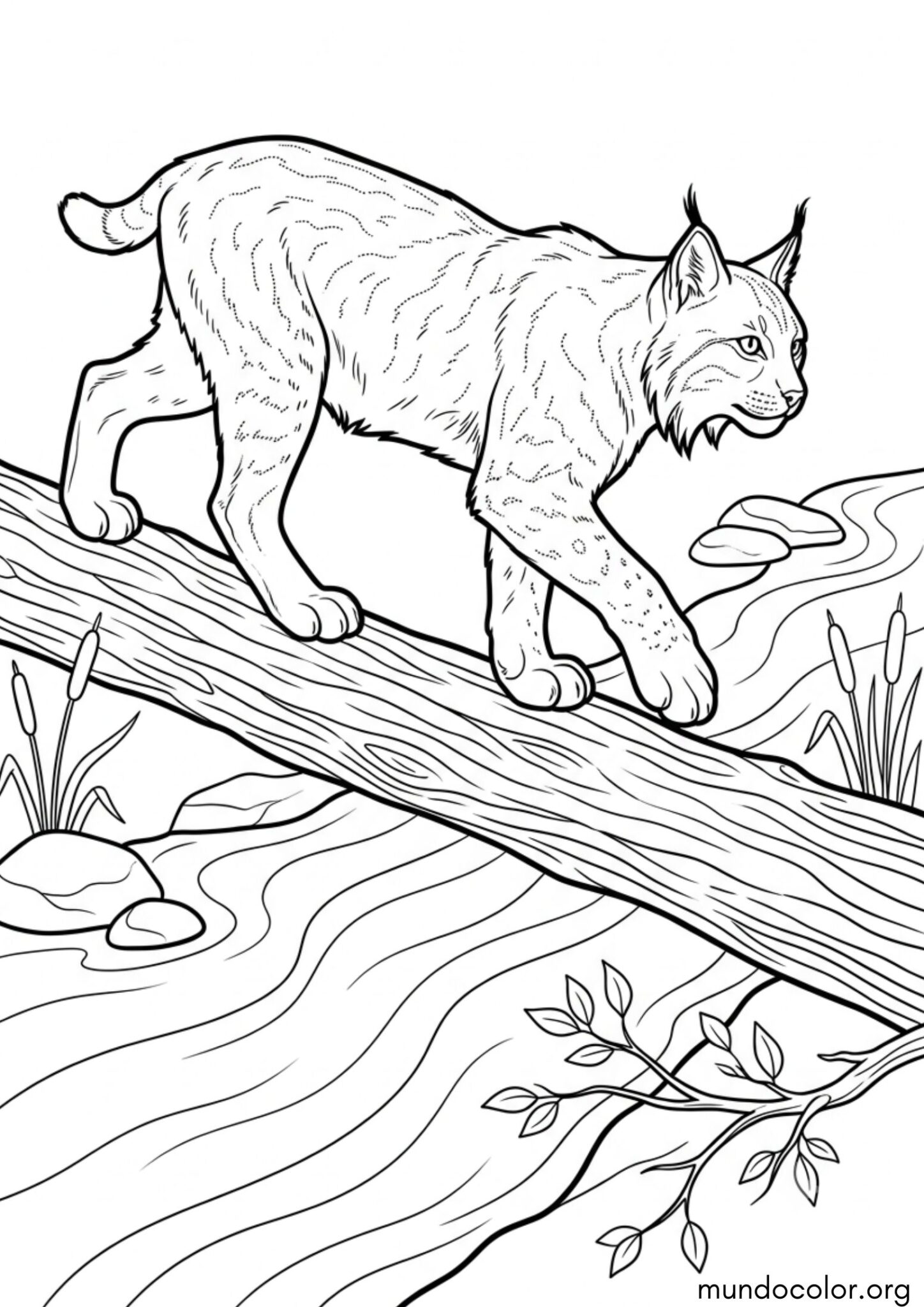 Dibujo de Lince caminando sobre un tronco cruzando el río para imprimir Dibujo de Lince caminando sobre un tronco cruzando el río para colorear