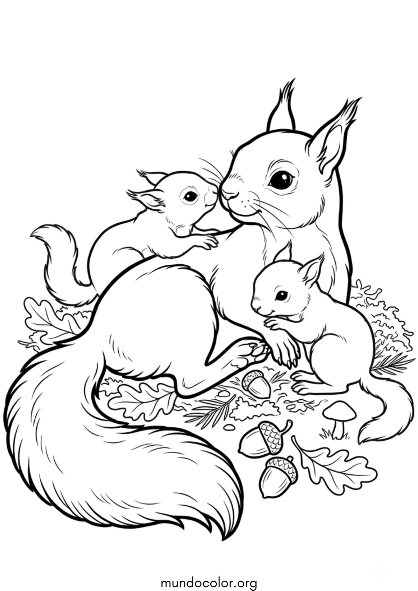 Dibujo de Mamá ardilla con sus crías para colorear